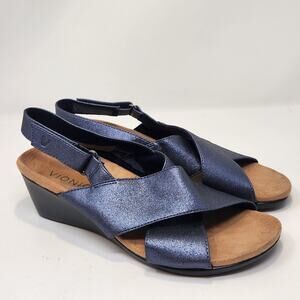 Vionic McKenna Metallic Blue Wedge Sandal Women Size 5 Comfort Slingback Shoes